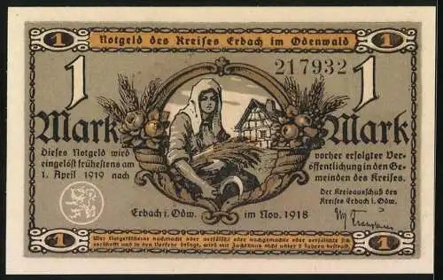 Notgeld Erbach /Odenwald 1918, 1 Mark, Mühle, Bauersfrau mit Ähren und Sichel, Haus, Früchte in Füllhörnern, Siegel