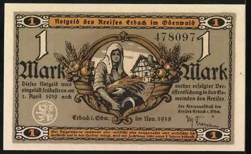 Notgeld Erbach /Odenwald 1918, 1 Mark, Wassermühle, Bauersfrau mit Ähren u. Sichel, Haus, Früchte in Füllhörnern, Siegel