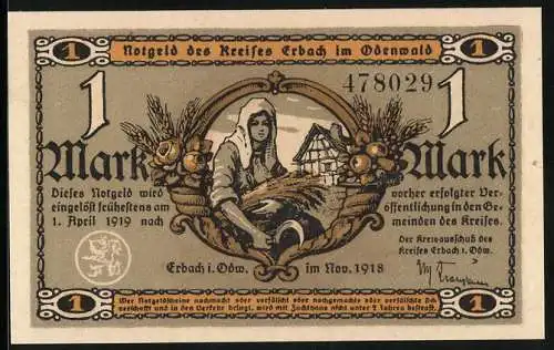 Notgeld Erbach /Odenwald 1918, 1 Mark, Mühle, Bauersfrau mit Ähren u. Sichel, Haus, Früchte in Füllhörnern, Siegel