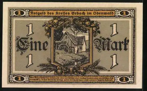 Notgeld Erbach /Odenwald 1918, 1 Mark, Mühle, Bauersfrau mit Ähren u. Sichel, Haus, Früchte in Füllhörnern, Siegel