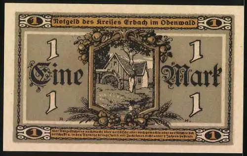 Notgeld Erbach /Odenwald 1918, 1 Mark, Mühle, Bauersfrau m. Ähren und Sichel, Haus, Früchte in Füllhörnern, Siegel