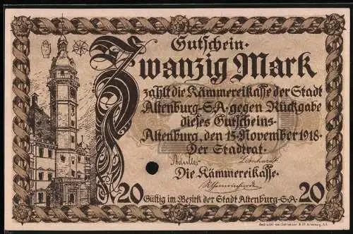 Notgeld Altenburg 1918, 20 Mark, Turm, Schloss aus der Vogelschau