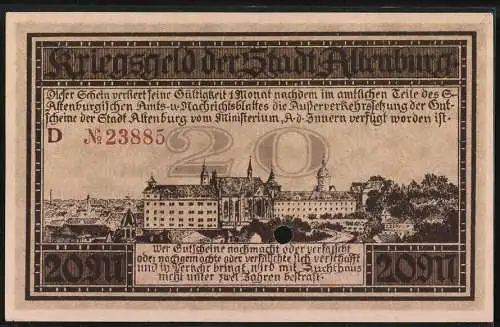 Notgeld Altenburg 1918, 20 Mark, Turm, Schloss aus der Vogelschau