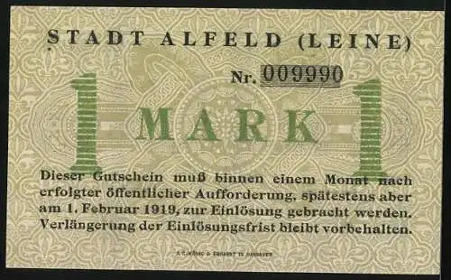 Notgeld Alfeld /Leine 1918, 1 Mark, Löwen u. Ornamente