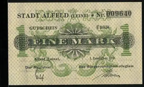 Notgeld Alfeld /Leine 1918, 1 Mark, Ornamente, Löwen