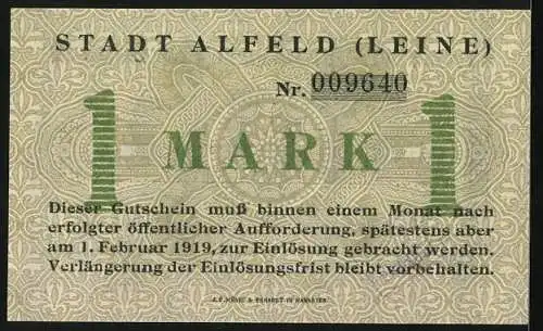 Notgeld Alfeld /Leine 1918, 1 Mark, Ornamente, Löwen