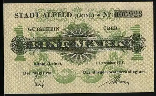 Notgeld Alfeld /Leine 1918, 1 Mark, Ornamente und Löwen