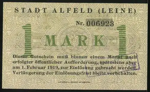 Notgeld Alfeld /Leine 1918, 1 Mark, Ornamente und Löwen