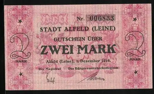 Notgeld Alfeld /Leine 1918, 2 Mark, unterlegte Ornamente, Wappen