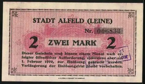 Notgeld Alfeld /Leine 1918, 2 Mark, unterlegte Ornamente, Wappen