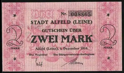 Notgeld Alfeld /Leine 1918, 2 Mark, unterlegte Ornamente mit Wappen