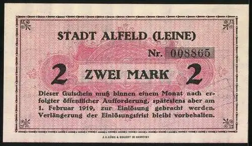 Notgeld Alfeld /Leine 1918, 2 Mark, unterlegte Ornamente mit Wappen