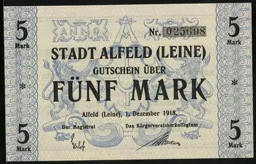 Notgeld Alfeld /Leine 1918, 5 Mark, unterlegte Ornamente u. Wappen