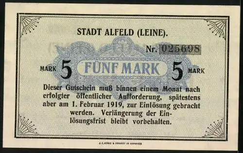 Notgeld Alfeld /Leine 1918, 5 Mark, unterlegte Ornamente u. Wappen