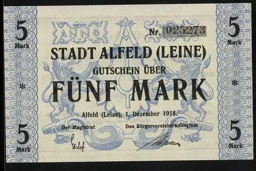 Notgeld Alfeld /Leine 1918, 5 Mark, unterlegte Ornamente mit Wappen
