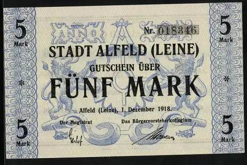 Notgeld Alfeld /Leine 1918, 5 Mark, unterlegte Ornamente, unterlegtes Wappen