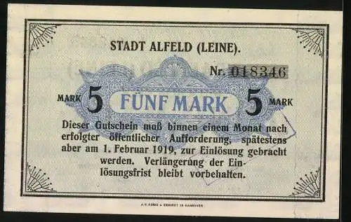 Notgeld Alfeld /Leine 1918, 5 Mark, unterlegte Ornamente, unterlegtes Wappen