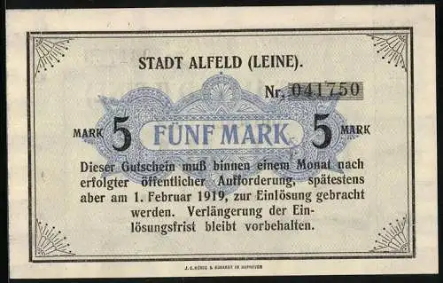 Notgeld Alfeld /Leine 1918, 5 Mark, Ornamente, Wappen