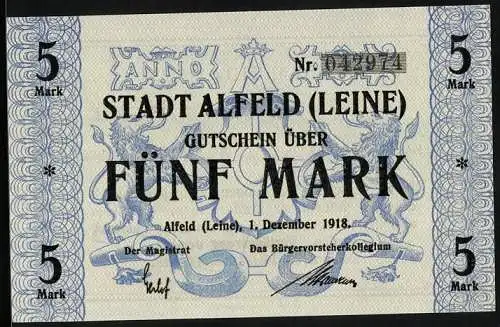 Notgeld Alfeld /Leine 1918, 5 Mark, unterlegte Ornamente u. Wappen