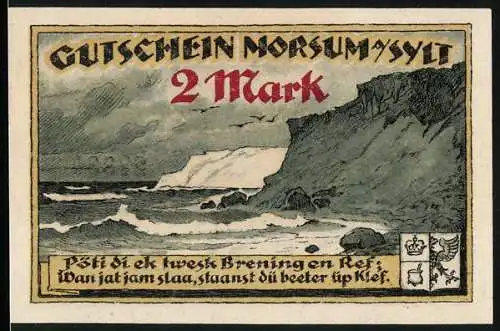Notgeld Morsum a. Sylt 1921, 2 Mark, Küstenpanorama mit Eisberg