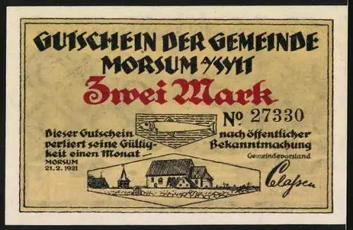 Notgeld Morsum a. Sylt 1921, 2 Mark, Küstenpanorama mit Eisberg