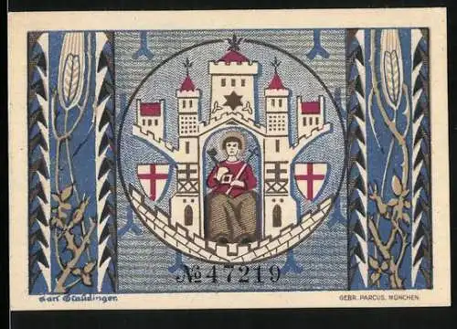 Notgeld Montabaur 1920, 50 Pfennig, Wappen mit einem Heiligen mit Schlüssel und Kreuz