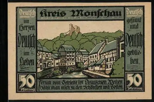 Notgeld Monschau 1921, 50 Pfennig, Flusspartie mit Blick zur Ruine