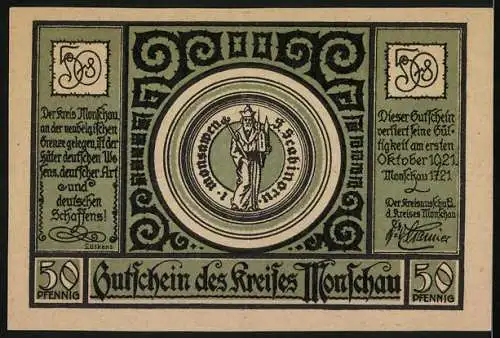 Notgeld Monschau 1921, 50 Pfennig, Flusspartie mit Blick zur Ruine