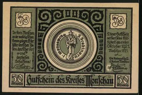 Notgeld Monschau 1921, 50 Pfennig, Karte mit dem Kreis Monschau an der Belgischen Grenze