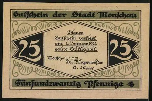 Notgeld Monschau 1921, 25 Pfennig, Ortsansicht mit der Ruine