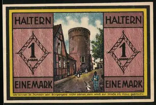 Notgeld Haltern 1921, 1 Mark, Ortspartie am Turm