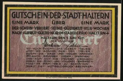 Notgeld Haltern 1921, 1 Mark, Ortspartie am Turm