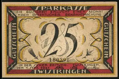 Notgeld Twistringen 1921, 25 Pfennig, Frau mit einem Korb Stroh