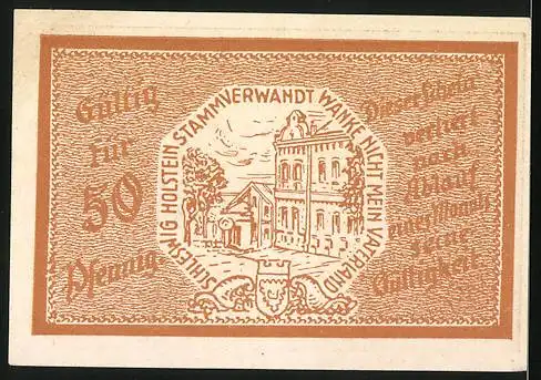 Notgeld Trittau, 50 Pfennig, Ortspartie am Rathaus