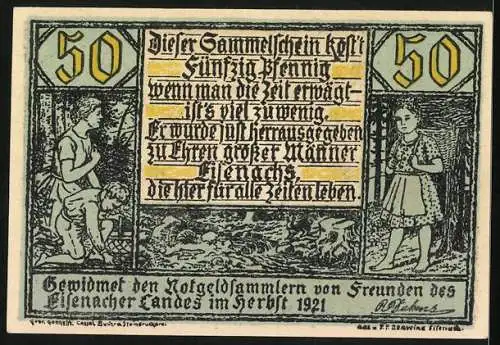 Notgeld Eisenach 1921, 50 Pfennig, Notgeldsammler, Konterfei eines Mannes mit Vollbart