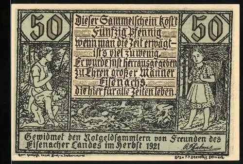 Notgeld Eisenach 1921, 50 Pfennig, Notgeldsammler, Konterfei eines Mannes mit Brille und Fliege