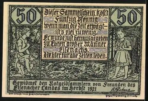 Notgeld Eisenach 1921, 50 Pfennig, Notgeldsammler, Konterfei eines Zugezogenen