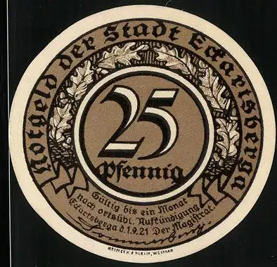 Notgeld Eckartsberga 1921, 25 Pfennig, runder Schein mit Eichenblättern