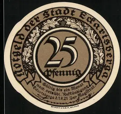 Notgeld Eckartsberga 1921, 25 Pfennig, Kranz aus Eichenblättern