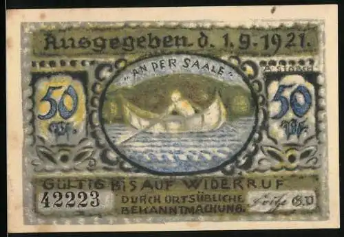 Notgeld Volkstedt 1921, 50 Pfennig, Ruderer auf der Saale