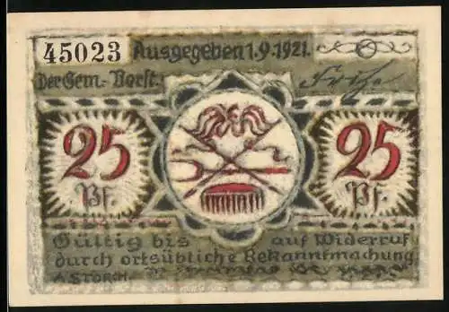 Notgeld Volkstedt 1921, 25 Pfennig, Wappen mit einem Kamm