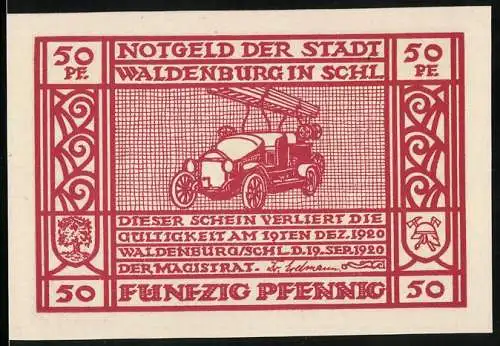 Notgeld Waldenburg in Schl. 1920, 50 Pfennig, Altes Feuerwehrauto und Pumpwagen
