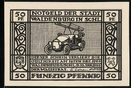 Notgeld Waldenburg in Schl. 1920, 50 Pfennig, Feuerwehrauto und Pumpwagen