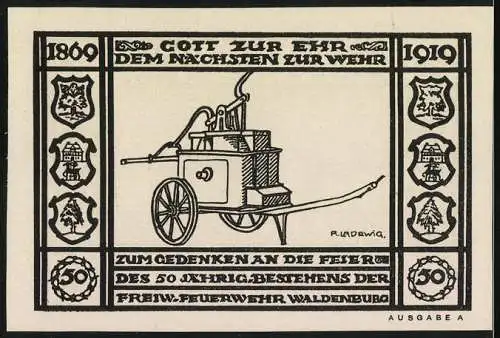 Notgeld Waldenburg in Schl. 1920, 50 Pfennig, Feuerwehrauto und Pumpwagen
