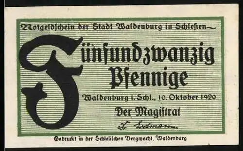 Notgeld Waldenburg in Schl. 1920, 25 Pfennig, Schein in grün