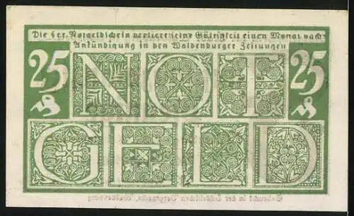Notgeld Waldenburg in Schl. 1920, 25 Pfennig, Schein in grün