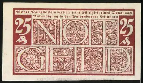 Notgeld Waldenburg in Schl. 1920, 25 Pfennig, Schein in rot
