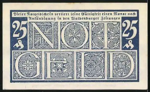 Notgeld Waldenburg in Schl. 1920, 25 Pfennig, Schein in blau
