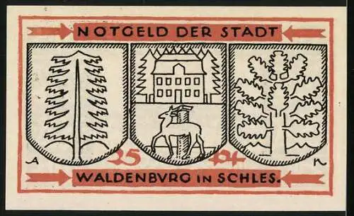 Notgeld Waldenburg in Schl. 1921, 25 Pfennig, Eiche, Tanne und Hirsch, Wappen
