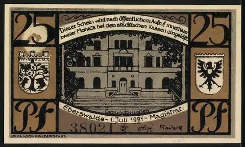 Notgeld Eberswalde 1921, 25 Pfennig, Eberswalder Spritzkuchen, Gesundbrunnen-Portal